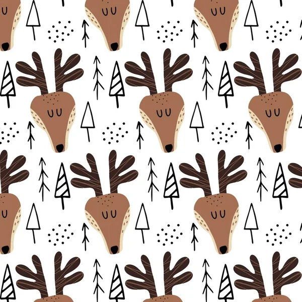 Childrens hand-drawn seamless pattern with deer. Deer and trees pattern. Cute deer head. Pattern for fabrics, postcards, prints, wrapping paper.