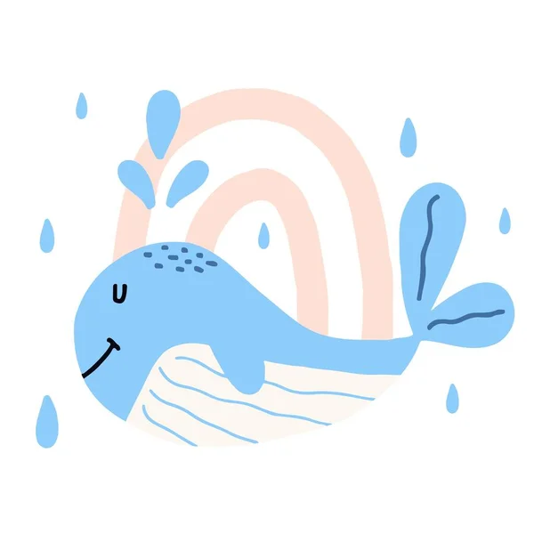 Kinderen met de hand getekend illustratie van een blauwe walvis. Walvis met regenboog en regen. Afbeelding voor ansichtkaarten en prenten. — Stockvector