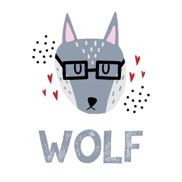 Hand-drawn childish illustration of a gray wolf. Wolf in glasses with hearts. Illustration for postcards and prints. — Stock Vector