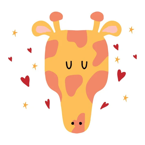 Childrens hand-drawn illustration of a giraffe head. Cute giraffe with hearts and stars. The illustration is suitable for posters, prints, postcards. — Stock Vector