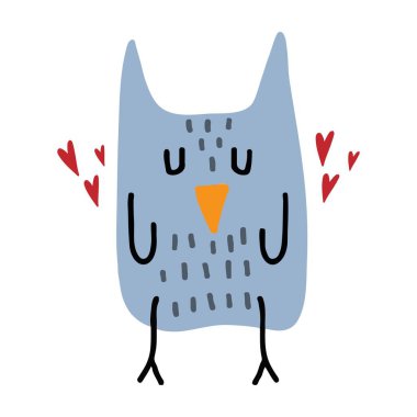 Çocuklar kalpleri olan bir baykuşun el çizimi. Sevimli baykuş. İzler, kartlar, posterler için illüstrasyon.