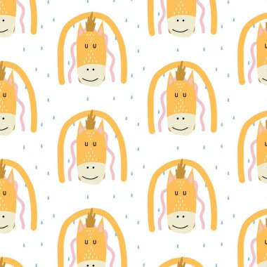 Atlı ve gökkuşaklı el yapımı çocuklar. At kafası ve yağmur damlaları. Şablon kumaşlar, baskılar, kartpostallar, ambalaj kağıtları için uygun..