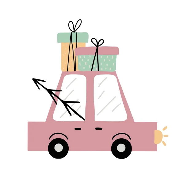 Crianças ilustração desenhada à mão de um carro carregando uma árvore de Natal e presentes. Conceito de ano novo. A ilustração é adequada para cartões postais, estampas e cartazes. —  Vetores de Stock