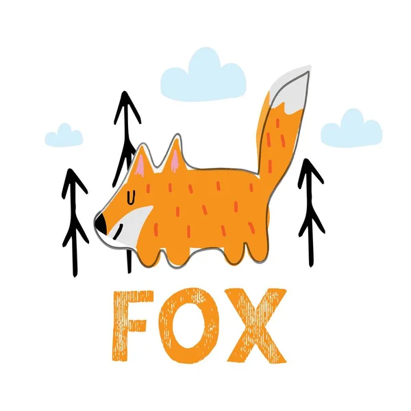 Childrens hand-drawn illustration of a red fox. Illustration of a cute fox and trees. The illustration is suitable for postcards, posters and prints. — Stock Vector