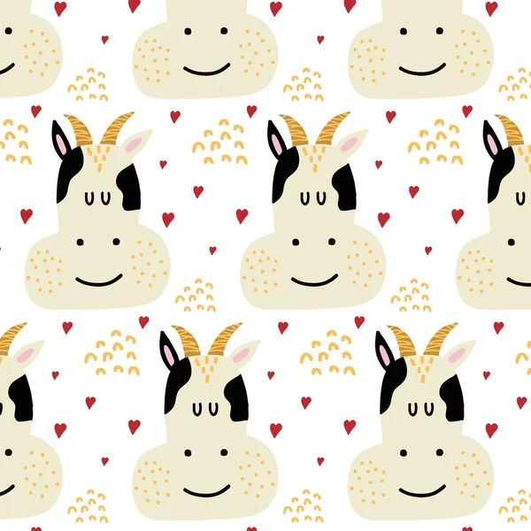 Kinderen met de hand getekend naadloos patroon met een koe. Patroon met een koe en harten. Het patroon is geschikt voor prints. posters, ansichtkaarten. — Stockvector