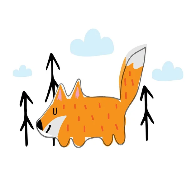 Childrens hand-drawn illustration of a red fox. Illustration of a cute fox and trees. The illustration is suitable for postcards, posters and prints. — Stock Vector