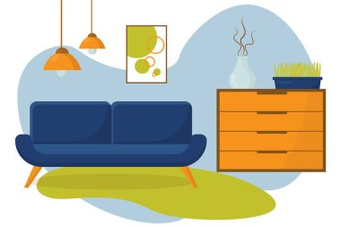 Oturma odasının içi. Rahat bir kanepe, çekmeceler, halı ve ev bitkileri. Vektör düz çizim. Vektör pankartı. Konforlu ev iç tasarımı. Oturma odasındaki mavi kanepe.