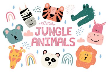  Çocuklar el yapımı orman hayvanları seti. Orman hayvanları kümesi: kaplan, timsah, su aygırı, panda, zürafa, zebra, koala, aslan. Set baskılar ve kartpostallar için uygundur.