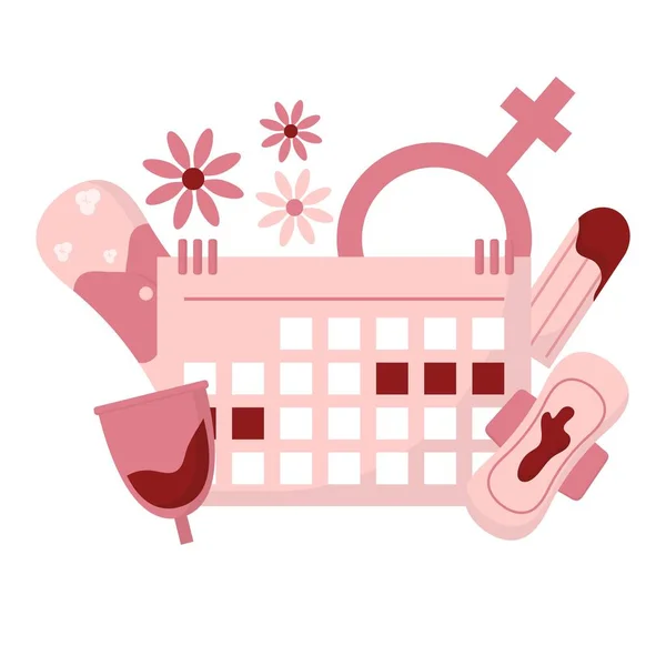 Menstruación femenina. Mujeres con tampón de período y producto de higiene, toallas sanitarias y copa menstrual. Período de menstruación, ilustración del tampón accesorio menstrual. — Vector de stock