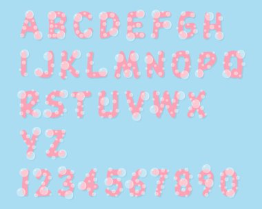 Köpüklü sabun şeklinde pembe alfabe numaraları. Kabarcıklı alfabe.