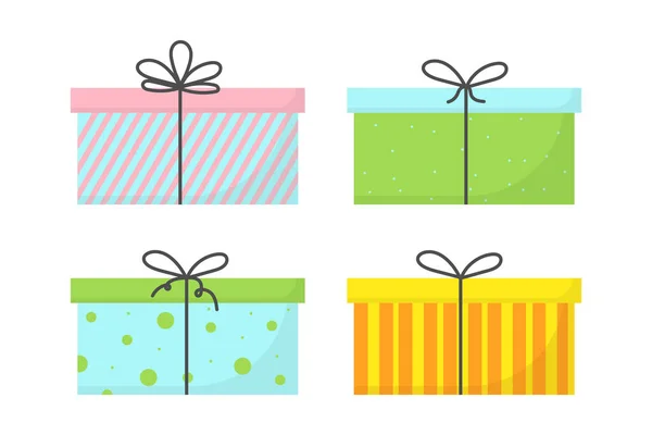 Ένα σετ από τέσσερα δώρα με κορδέλες και φιόγκους. Ένα σετ από κουτιά για δώρα. Ένα σετ δώρων για τις διακοπές. — Διανυσματικό Αρχείο