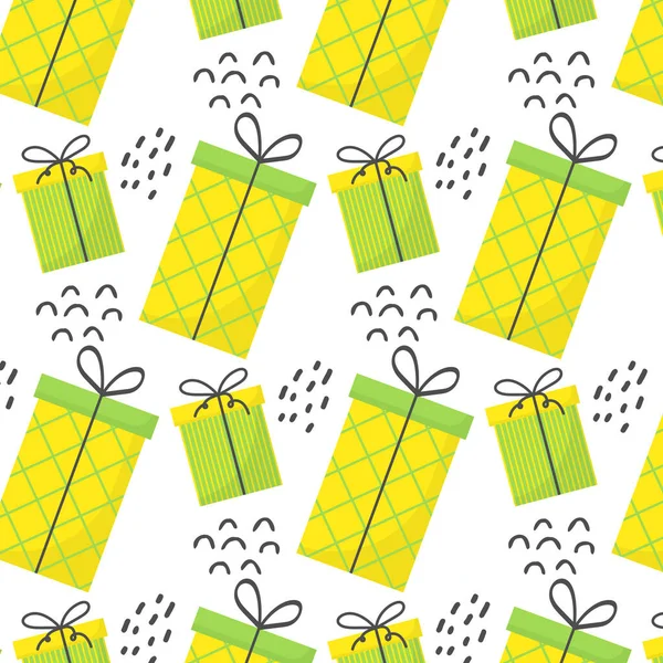 Patrón sin costuras con regalos. Patrón con regalos verdes y amarillos. El patrón es adecuado para impresiones, carteles, telas, papel de envolver. — Archivo Imágenes Vectoriales