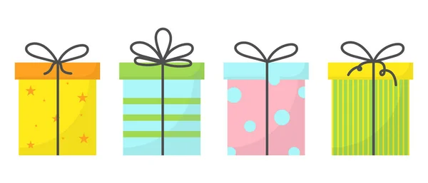 Um conjunto de quatro presentes com fitas e arcos. Um conjunto de caixas para presentes. Um conjunto de presentes para o feriado. —  Vetores de Stock