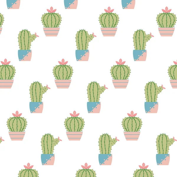 Met de hand getekend naadloos patroon met cactussen in potten. Patroon met bloeiende cactussen. Het patroon is geschikt voor het inpakken van papier, textiel, prints. — Stockvector