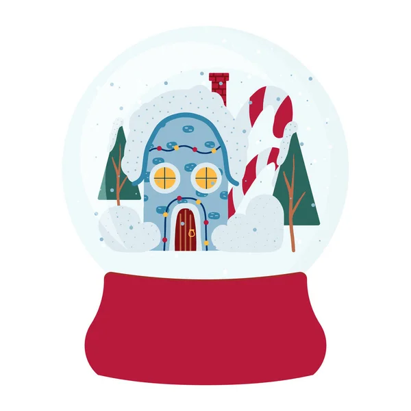 Globo de neve de vidro desenhado à mão com casa de Ano Novo. Globo de neve de Natal. A ilustração é adequada para cartazes, estampas, cartões, adesivos. — Vetor de Stock