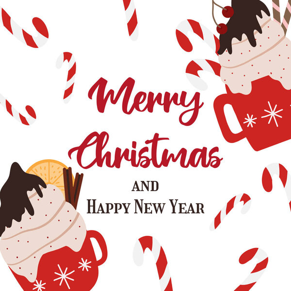 Hand-drawn Christmas card with mugs of hot coffee with cream. New Year card with hot drinks. Christmas lettering. The illustration is suitable for postcards, brochures, flyers.