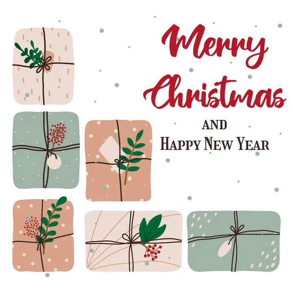 Elle çizilmiş Noel kartı ve hediyeler. İçinde hediye kutuları olan bir Noel kartı. Noel mektupları. Resimler bir kartpostal, broşür ve broşür için uygundur..