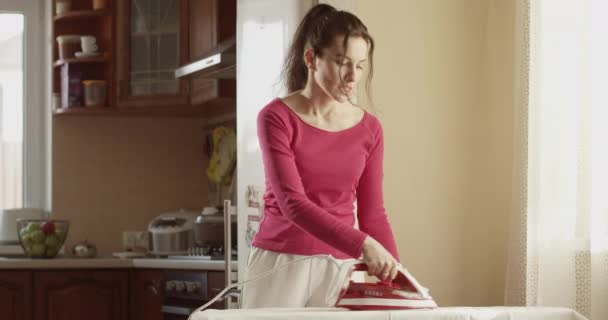 Woman Ironing Being Pissed Steaming Concept Family Routine Shot Indoors — Stock Video