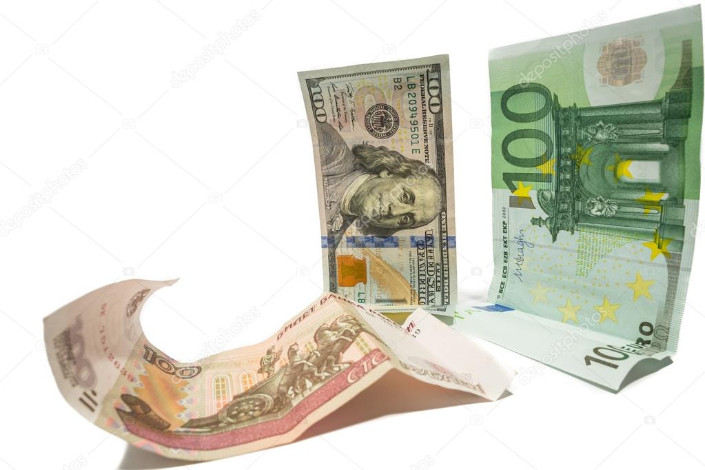 Currency dollar and euro looking at fallen russian ruble
