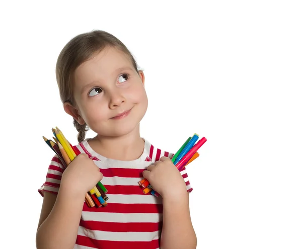 sevimli küçük kız renkli kalemler ve işaretleyiciler u arıyorum holding