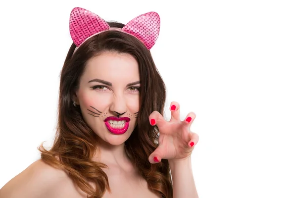 Kedi kız makyaj çekici sıcak modeli. Pembe ruj, nailpol