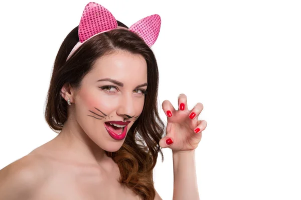 Catwoman Make-up auf schöne Mädchen. rosa Lippenstift, Nagellack ist Stockfoto
