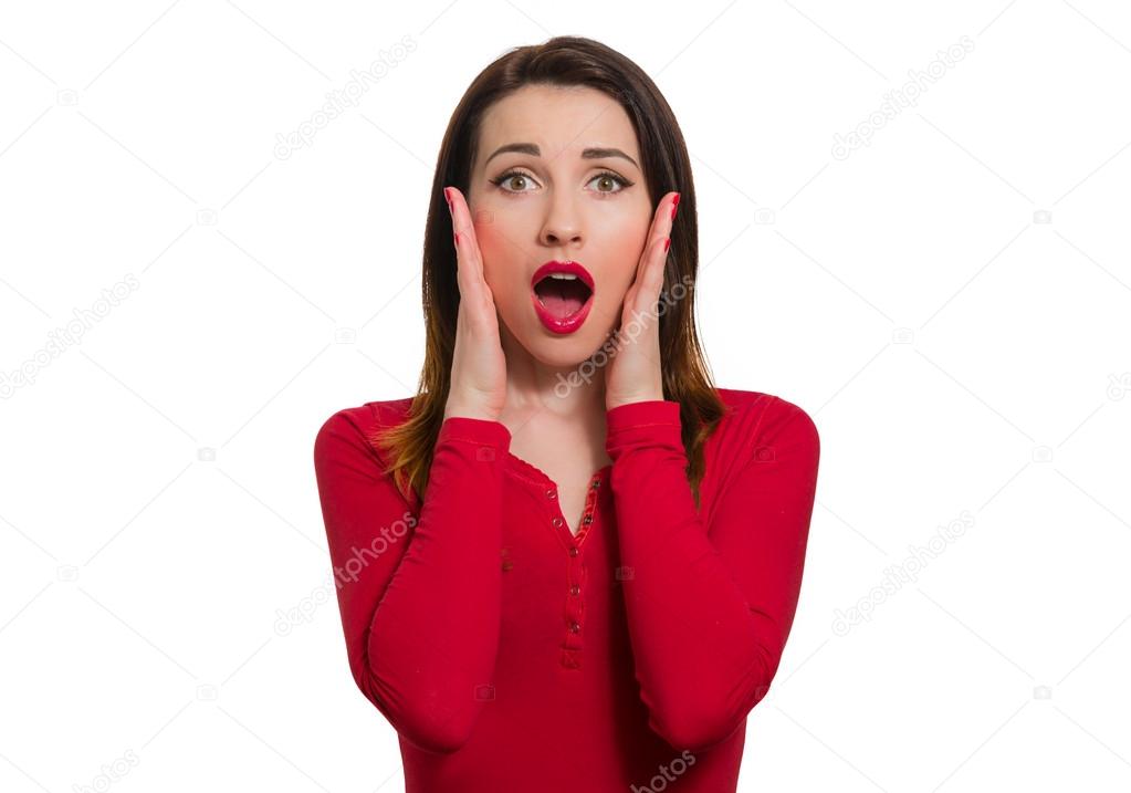 Stunned woman in red long sleeve open mouth in awe looking isola