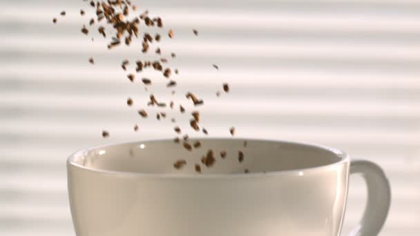 Kávé ömlött be a fehér kupa lassítva — Stock videók