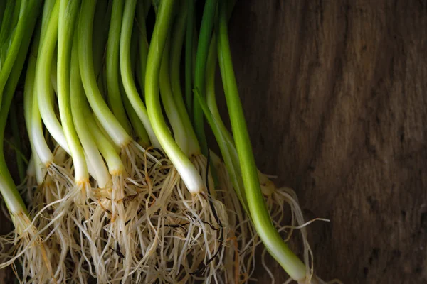 Tallos de cebolla verde y raíces en una mesa de madera — Foto de Stock