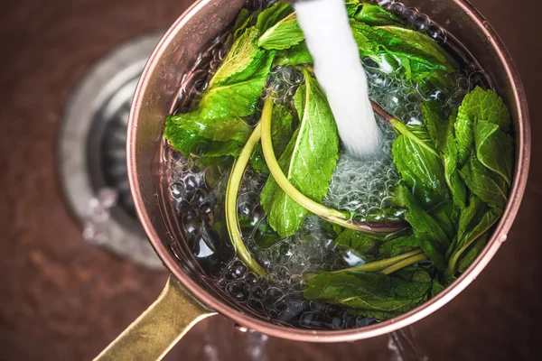 Washing the mint in the colander — Stock Photo, Image