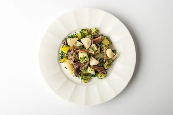 Salad with mushrooms on a relief plate on a white background — Stock Photo, Image