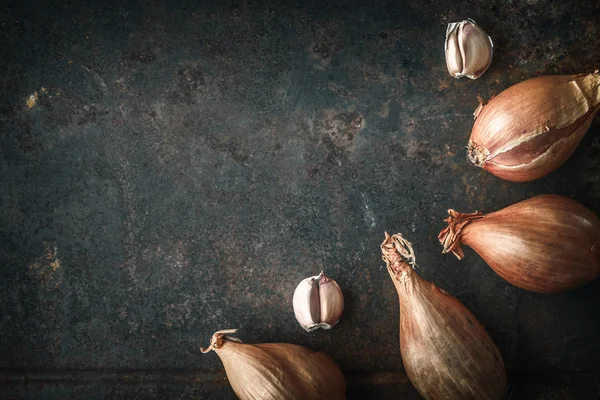 Arpacık eski metal arka plan üstüne sarımsaklı görüntülemek