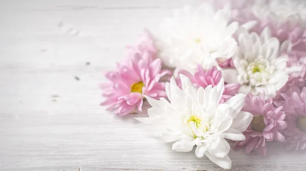 白色和粉红色的花朵，白色木制背景宽屏幕上 — 图库照片