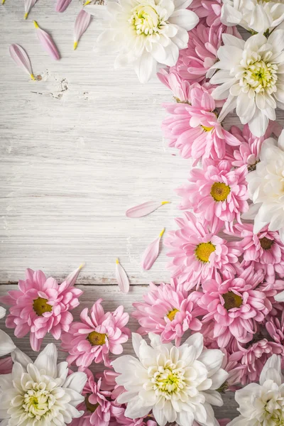 Fehér és rózsaszín virág a fehér fa tábla függőleges keret — Stock Fotó