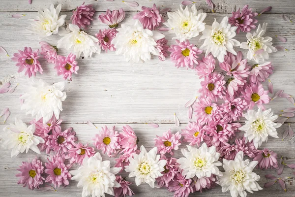 Keret, fehér és rózsaszín virág a fehér fa tábla — Stock Fotó