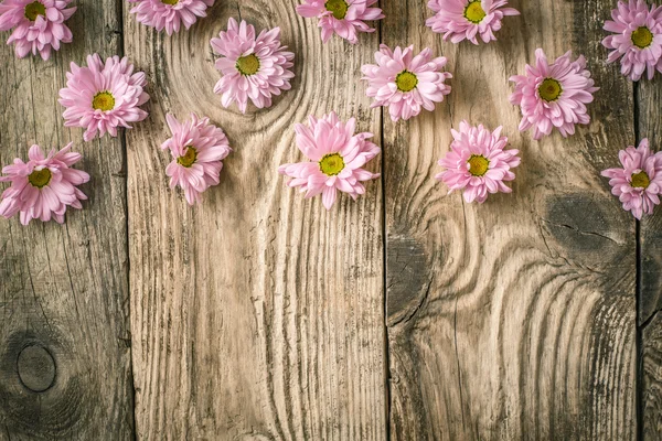 Композиція з рожевих квітів на дерев'яному столі вид зверху — стокове фото