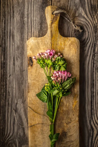 Δείτε το καλοκαίρι λουλούδια στην κορυφή ξύλινη σανίδα — Φωτογραφία Αρχείου