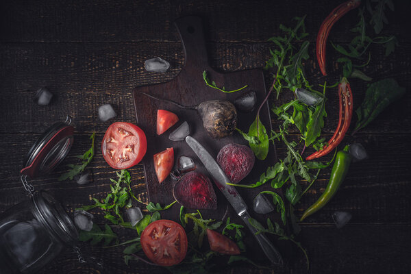 Ingredients for vegetable smoothie on the old wooden table horizontal