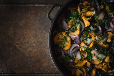 Fried chanterelles pan metal arka plan üstüne dereotu ile göster