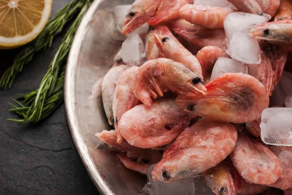Frozen shrimps in the metal plate with lemon and rosemary — Stock Photo, Image