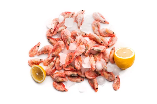 Frozen shrimps and lemons on the white background — Stock Photo, Image