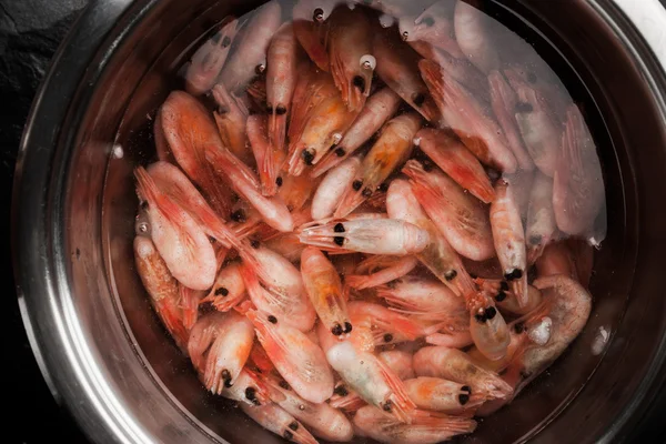 Fresh shrimps in the metal pot — Stock Photo, Image