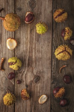 Frame of chestnuts on the wooden background with film filter effect