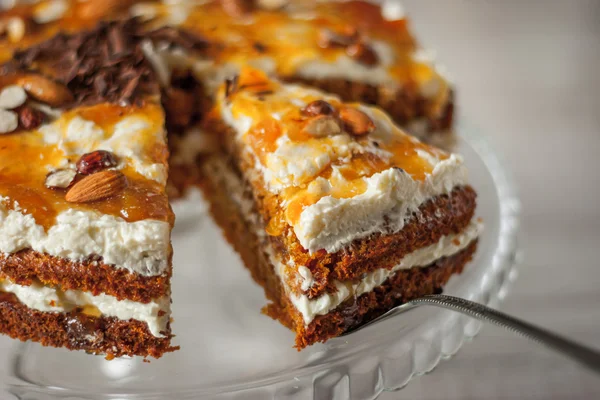 Carrot cake with almond and chocolate chips horizontal — Stock Photo, Image