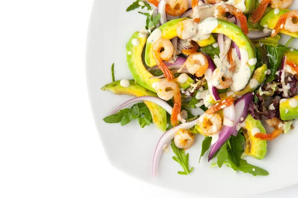 Ensalada con aguacate y camarones en el fondo blanco vista superior —  Fotos de Stock