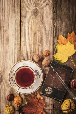 Autumnal still life with gift of nature , vinage notebook ant tea with fim filter effect background
