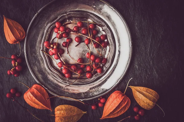 Червоні ягоди в старовинній металевій тарілці з горизонтальною фізикою — стокове фото