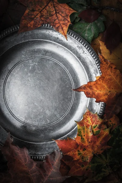 Placa de metal velha cercada por folhas de outono e abóboras com efeito de filtro de filme — Fotografia de Stock