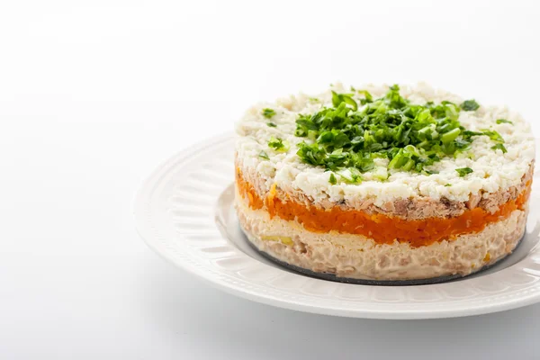 Layered salad with eggs and fish on the white ceramic plate horizontal — Zdjęcie stockowe
