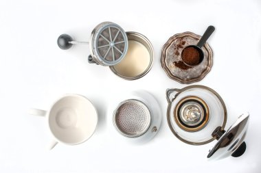 Preparation coffee set on the white background top view clipart
